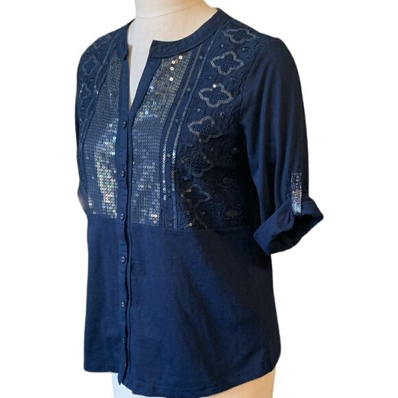 Style & Co Navy Blue Button Split Neck Sequin & Embroidery Top PM Blue #61P - Picture 5 of 8